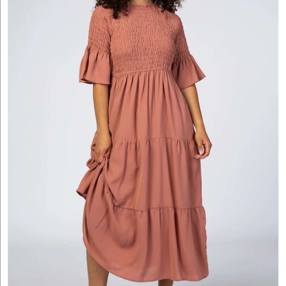 Salmon Smocked Tier MIDI dress
